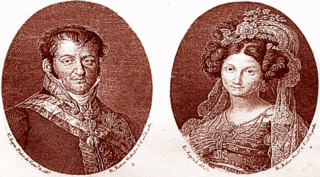 Estampas con los retratos de Fernando VII y María Cristina de Borbón, publicadas en el Calendario Manual y Guía de forasteros de Madrid de 1831.