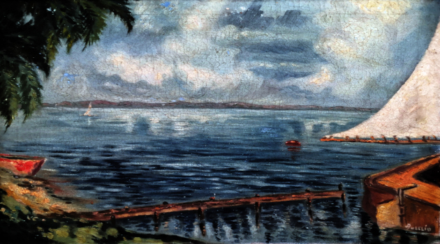 Parada en embarcadero (1953) paisaje de Aurelio García Dueñas.