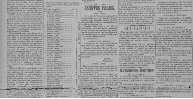 Fragmento del listado de los contribuyentes ranchueleros a la hambruna de Andalucía, expuesto en el Diario de la Marina del 14 de septiembre de 1905, página 2.  