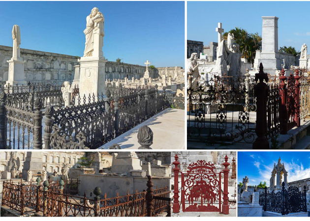 Desde el punto de vista estético constructivo en el Cementerio de Reina merecen especial atención las rejas de hierro que rodean las bóvedas y panteones. En ellas se evidencian el alcance del trabajo de forja y fundición de este material en el siglo XIX. / Composición: Mercedes Caro Nodarse / 5 de Septiembre