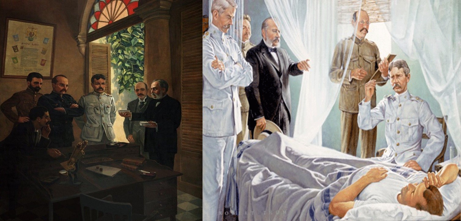 Dos momentos del trabajo conjunto de Finlay con la comisión estadounidense de 1900, inmortalizados por los pintores Esteban Valderrama ("El triunfo de Finlay", izquierda) y Robert Thom ("La conquista de la fiebre amarilla, derecha).