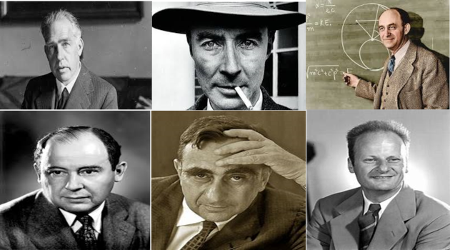 2. Seis de los más notables hombres de ciencia que participaron en el Proyecto Manhattan: Niels Bohr, Robert Openheimer (su líder científico), Enrico Fermi, John Von Neumann, Edward Teller y Hans Bethe.