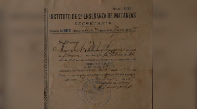 2. El joven Talleda cursó todos sus estudios mediante la enseñanza libre. En la imagen, facsímil del certificado de admisión, expedido por el Instituto de 2da Enseñanza de Matanzas autorizando el examen de la asignatura Dibujo aplicado a la Agrimensura en mayo de 1907.