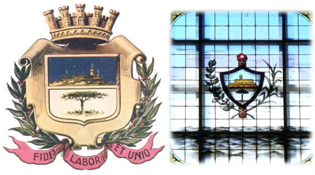Los dos blasones que fueron objeto de polémica durante las primeras décadas republicanas en su afán de representar mejor la identidad cultural de los cienfuegueros. A la izquierda, el escudo diseñado por Agustín de Santa Cruz en 1831 que ha terminado imponiéndose; a la derecha, el escudo diseñado por Talleda, aprobado en 1910 y ratificado más tarde por el ayuntamiento cienfueguero.