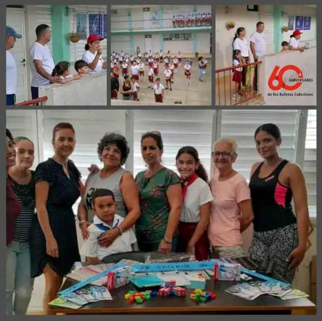 Donación de material escolar a la escuela primaria Carlos Manuel de Céspedes. / Foto: Cortesía de dirección provincial de Bufetes Colectivos
