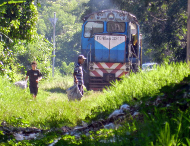 Transeúntes irresponsables arrojan desechos incluso viendo el tren pasar.