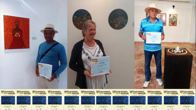 Julio Barbón Davis, María Victoria Toledo Martínez y José Basulto Caballero, premiados del XXIV Salón de Arte Popular.